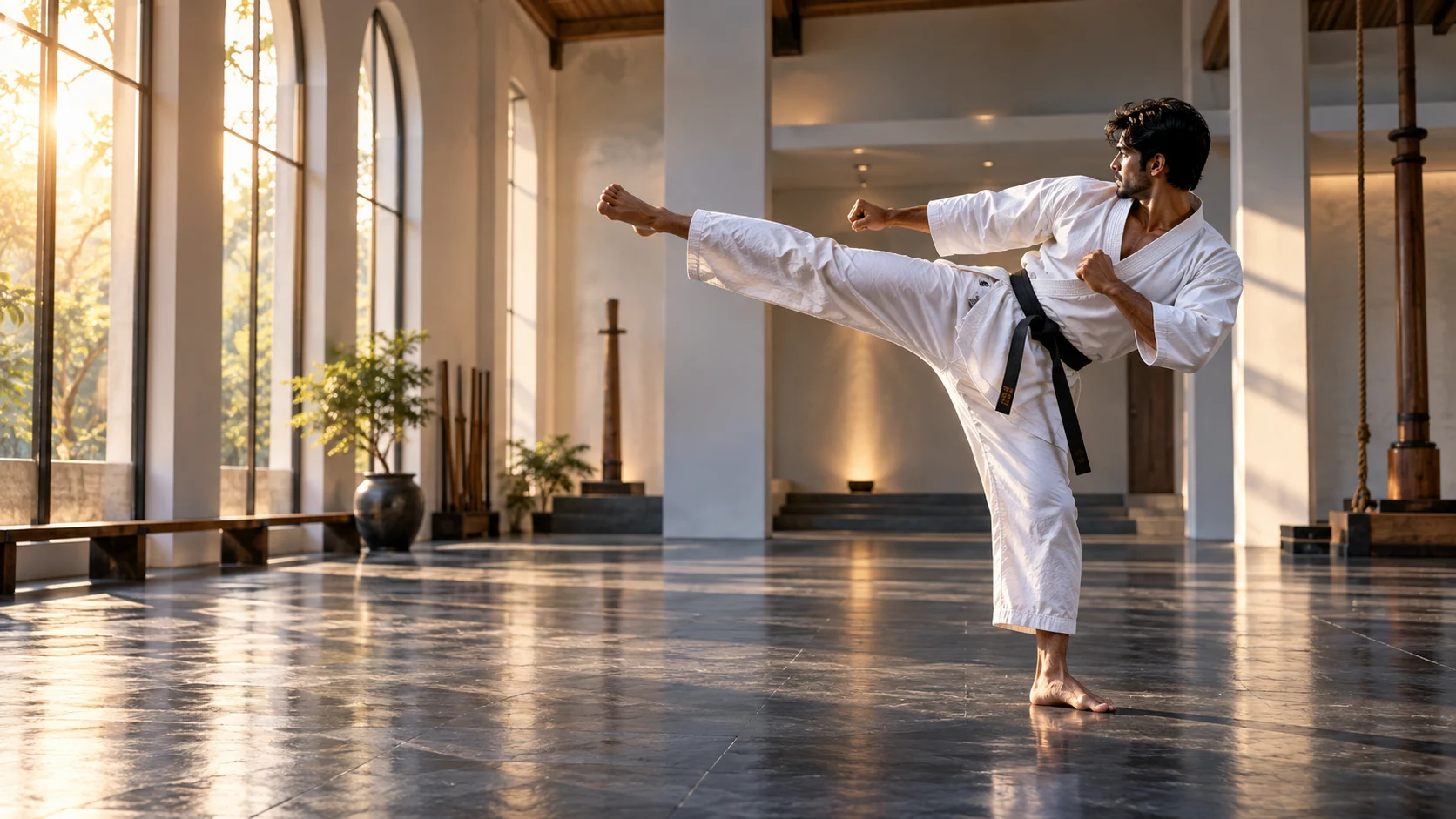 Illustrative karate athlete practising in a sunlit dojo