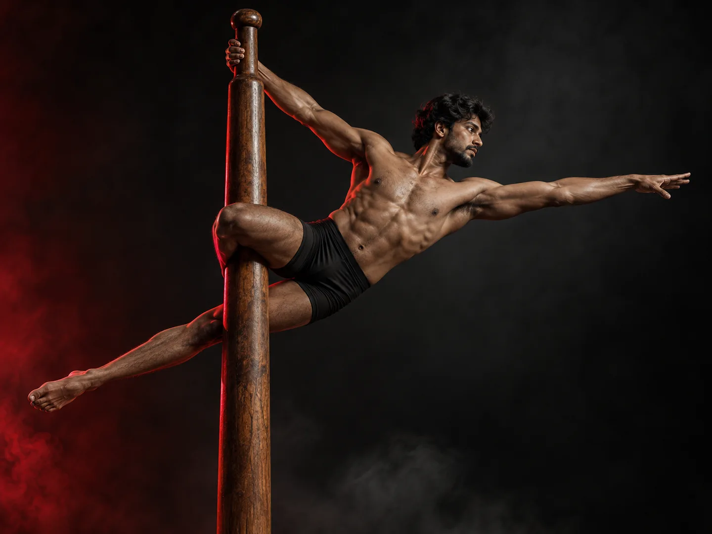 Illustrative athlete balancing on a traditional Mallakhamb pole