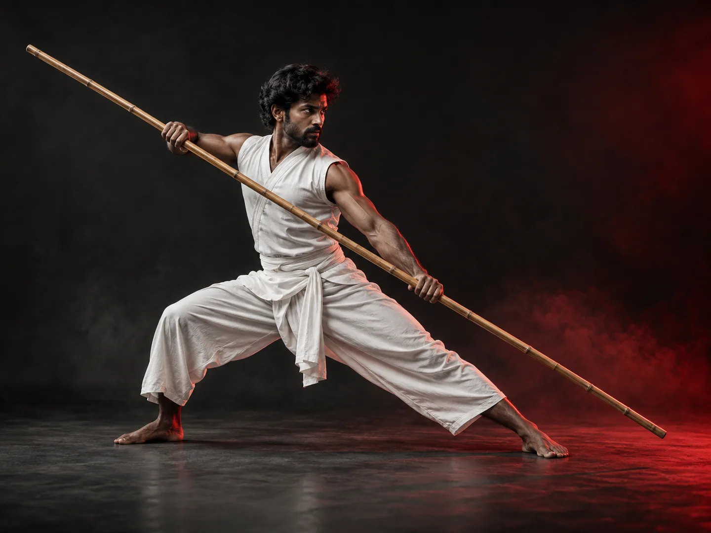 Illustrative Silambam practitioner with a bamboo staff